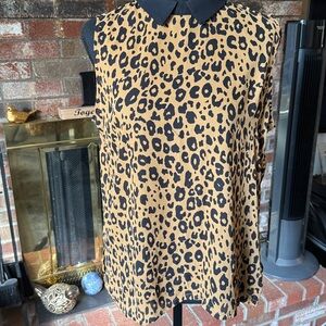 Leopard Print Sleeveless Blouse with Black Collar #A